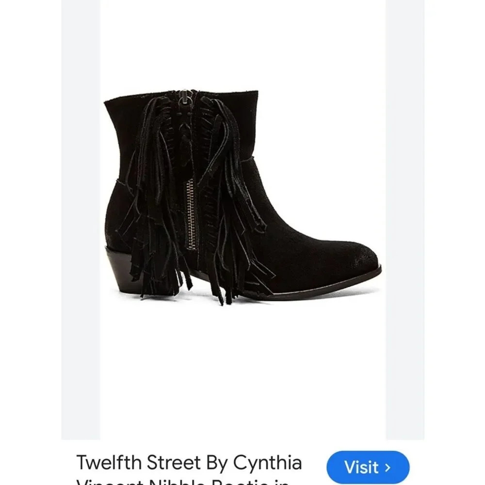 Cynthia Vincent Black Suede Fringe Ankle Boots